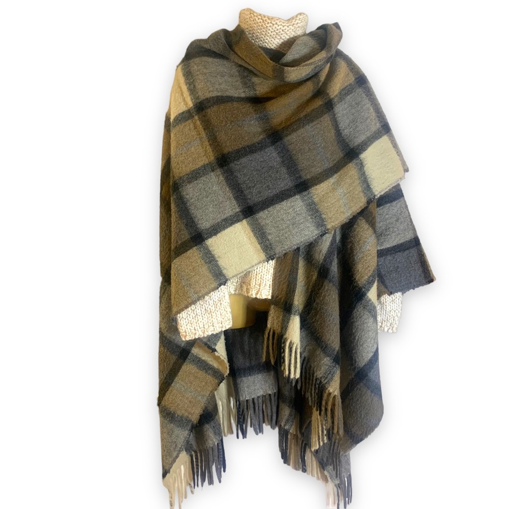 Wool Cape Blanket Scarf Wrap Poncho Gray Cream Brown large plaid w/fringe 52x62